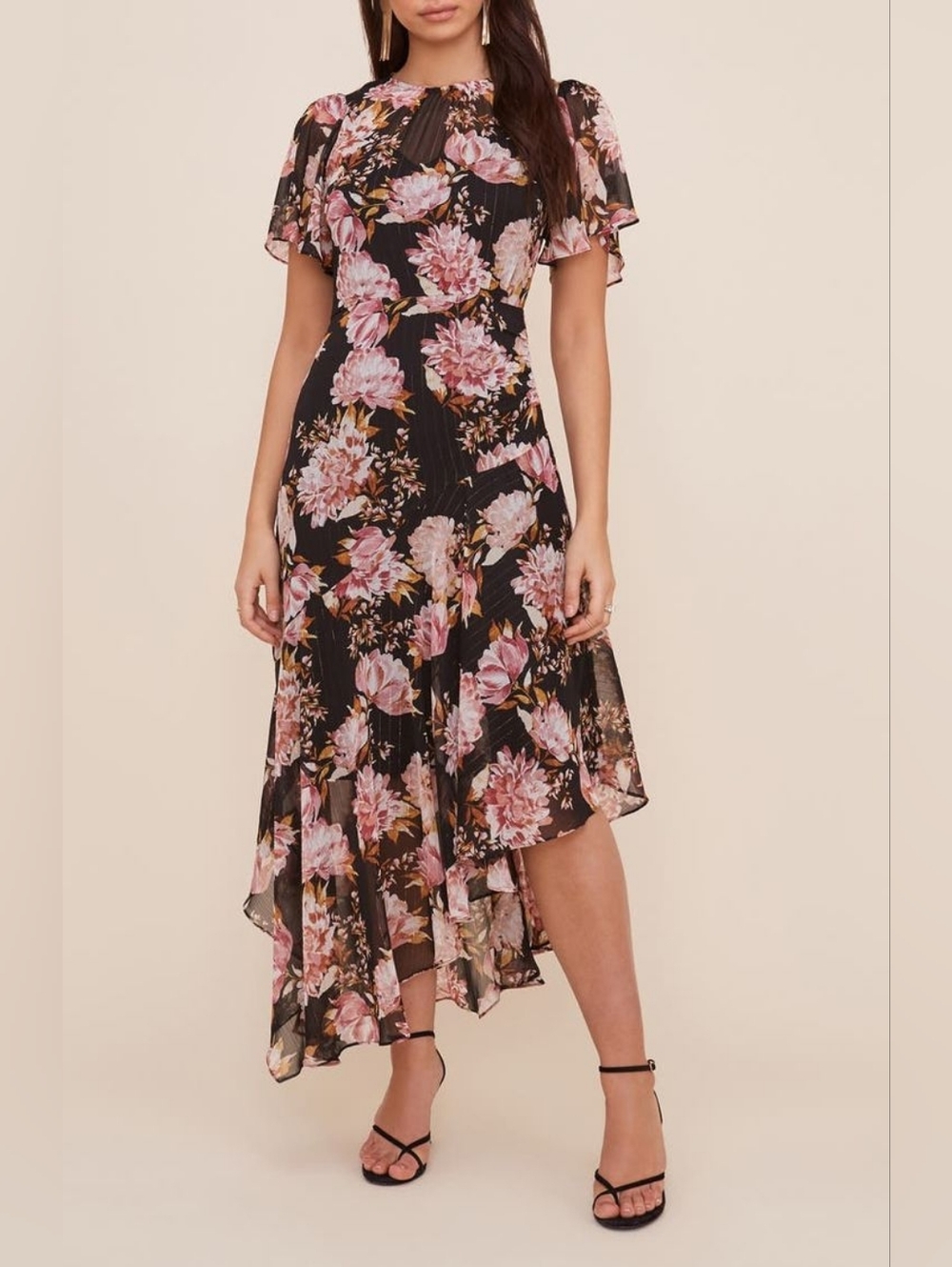 ASTR The Label Flutter Sleeve Floral Asymmetrical Midi Dress Size XS Boho Fairy